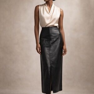 Danier Genuine Leather Column Skirt Black Long Elegant Minimalist Size 14